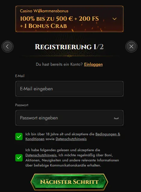 Registrierungsformular – Spielerkonto mit E-Mail-Adresse und Passwort erstellen